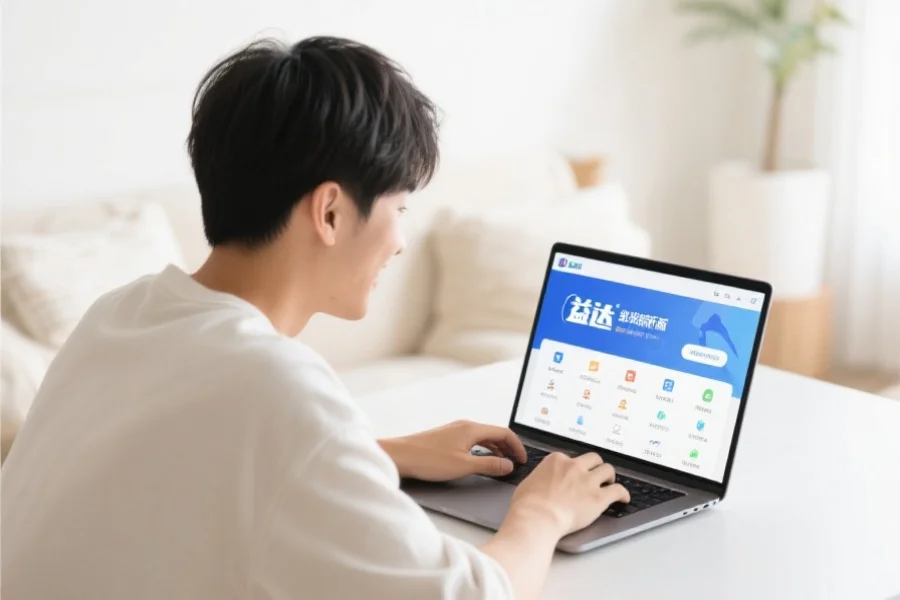 一位年轻用户在明亮舒适的室内环境中愉快地使用笔记本电脑,屏幕上展示天狮客户端新版界面